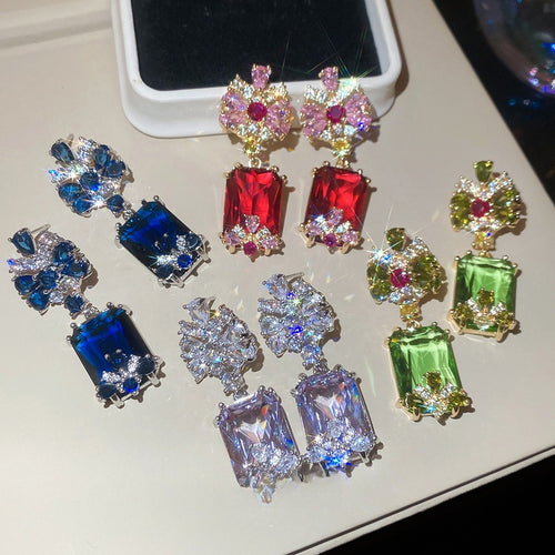 Vintage Palace Style Copper Zircon Flower Square Pendant Drop Earrings