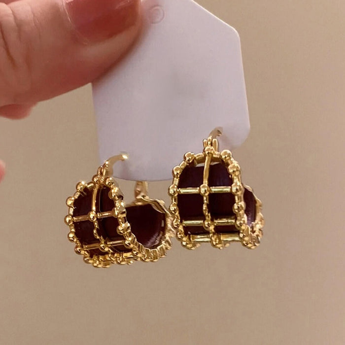 Gold Plated Copper Leather Round Geometric Earrings, Vintage Minimalist Light Luxury Style