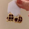 Gold Plated Copper Leather Round Geometric Earrings, Vintage Minimalist Light Luxury Style view 4
