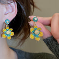 Vintage Alloy Flower Crystal Drop Earrings With Rhinestone Round Stud Design For Women view 1