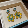 Vintage Alloy Flower Crystal Drop Earrings With Rhinestone Round Stud Design For Women view 4