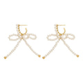 Elegant Bow Zircon Faux Pearl Beaded Drop Earrings With Silver Pin Vintage Geometric Jewelry view 5