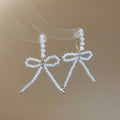 Elegant Bow Zircon Faux Pearl Beaded Drop Earrings With Silver Pin Vintage Geometric Jewelry view 4