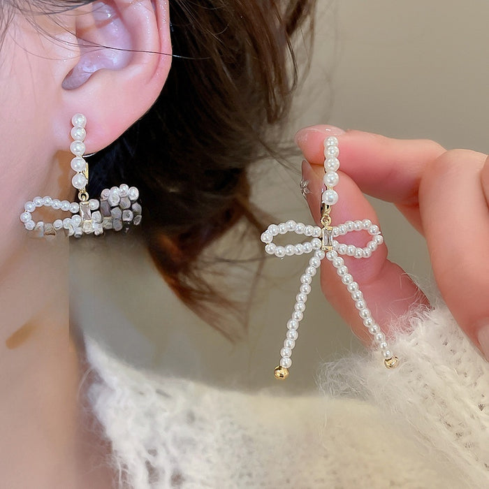 Elegant Bow Zircon Faux Pearl Beaded Drop Earrings With Silver Pin Vintage Geometric Jewelry