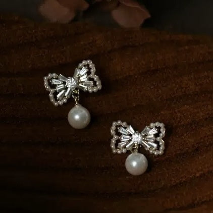 Gold Plated Zircon Bow Faux Pearl Stud Earrings With Silver Posts Vintage Elegant Style
