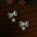 Gold Plated Zircon Bow Faux Pearl Stud Earrings With Silver Posts Vintage Elegant Style view 3