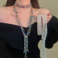 Old Money Faux Pearl Crystal Beaded Geometric Tassel Sweater Necklace For Women view 1