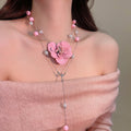 Old Money Floral Faux Pearl Sweater Necklace With Painted Flower Pastoral Clavicle Chain view 1