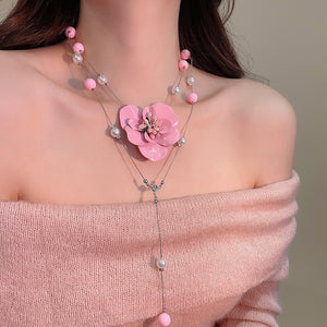 Old Money Floral Faux Pearl Sweater Necklace With Painted Flower Pastoral Clavicle Chain