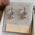 Light Luxury Zircon Bow Faux Pearl Stud Earrings Vintage Elegant Silver Needle Jewelry view 3