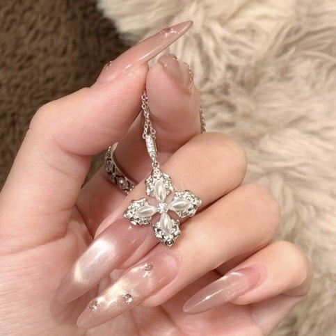 Korean Style Copper Zircon Cross Pearl Pendant Necklace Minimalist Light Luxury Collarbone Chain