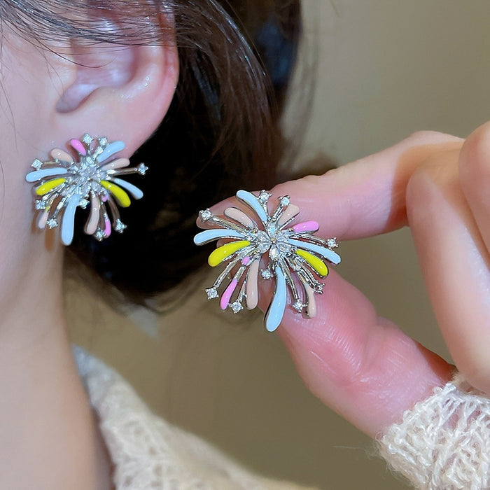 Alloy Firework Flower Stud Earrings With Enamel Rhinestone Accents, Light Luxury OL Style