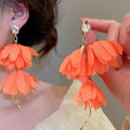 Metal Chiffon Flower Tassel Drop Earrings With Silver Pins, Vintage Elegant Sweet Style view 3