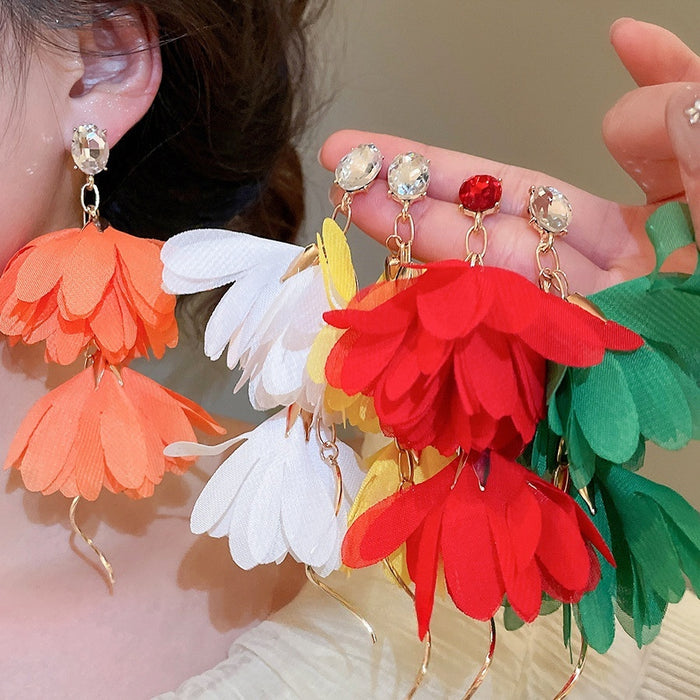 Metal Chiffon Flower Tassel Drop Earrings With Silver Pins, Vintage Elegant Sweet Style