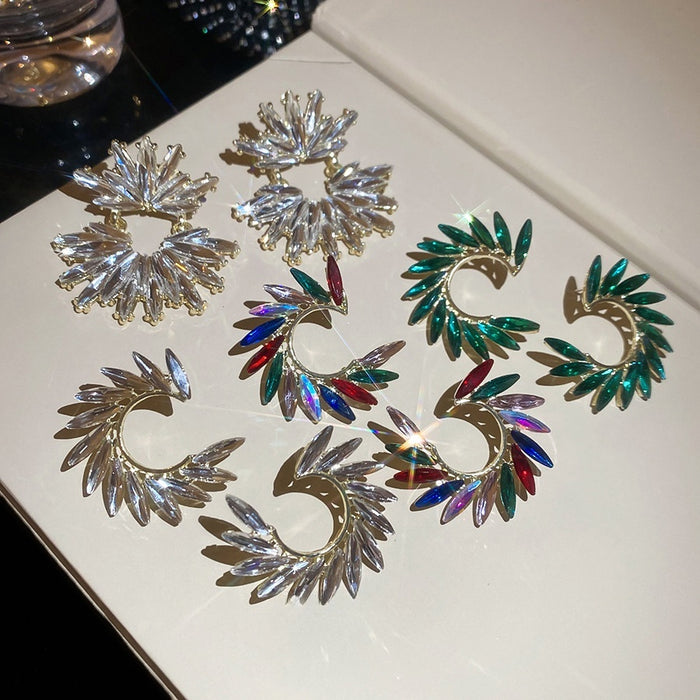 Alloy Silver Needle Rhinestone Rice Grain C Shape Stud Earrings For Women Light Luxury OL Style