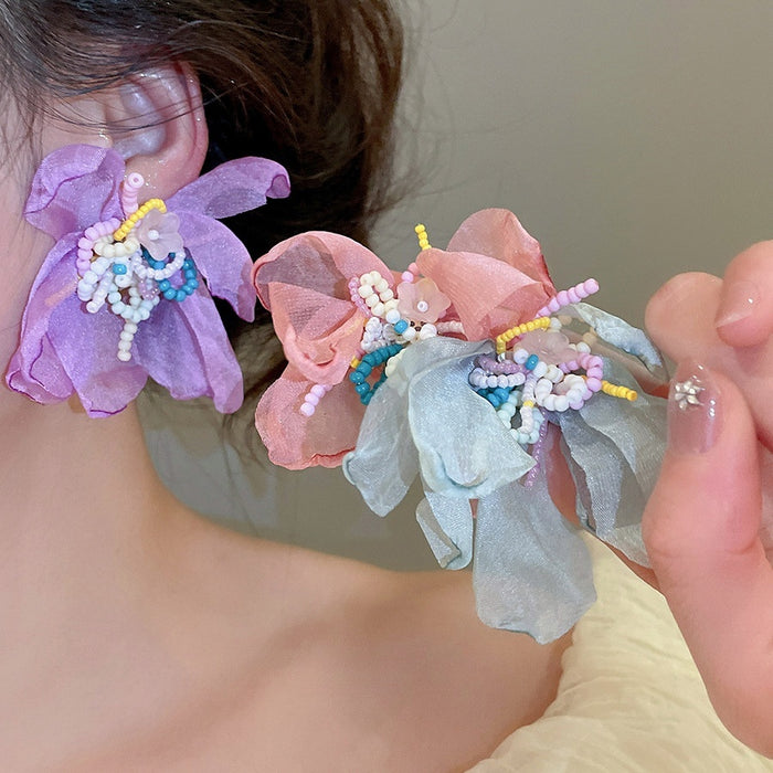 Artificial Crystal Beaded Chiffon Flower Stud Earrings For Women Fresh Elegant Light Luxury Style