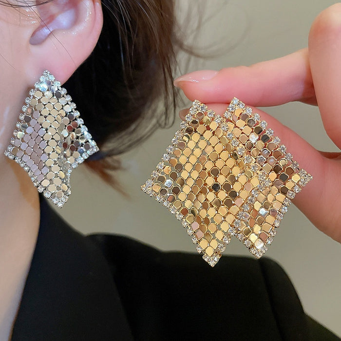 Gold Plated Copper Zircon Rhombus Stud Earrings With Silver Pins, Light Luxury Geometric Jewelry