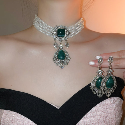 Vintage Court Style Faux Pearl Teardrop Rhinestone Multilayer Necklace Earrings Jewelry Set