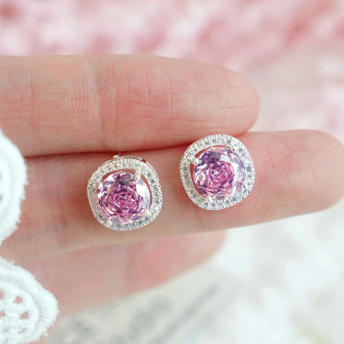 Copper Zircon Geometric Hollow Square Round Stud Earrings For Women Light Luxury Daily Style