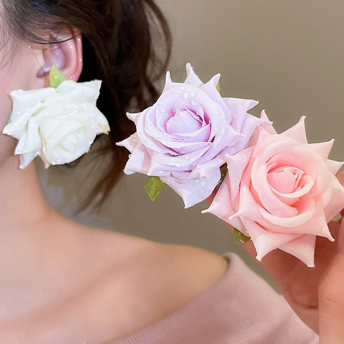 Silver Needle Fabric Rose Flower Stud Earrings Elegant Sweet Vacation Light Luxury Ear Jewelry