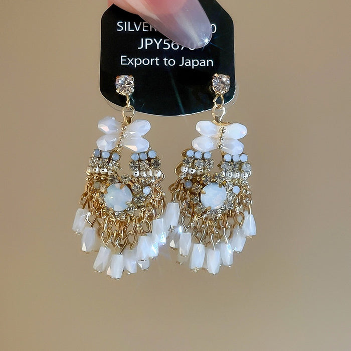 Vintage Geometric Artificial Crystal Tassel Drop Earrings With Silver Needle Studs