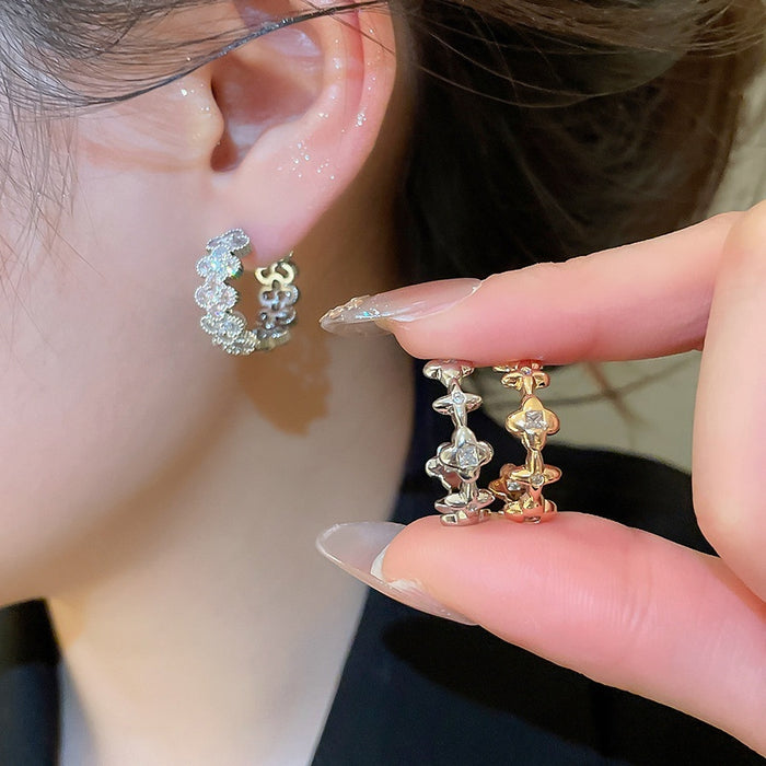Copper Zircon Flower Star C-Shaped Stud Earrings For Women, Minimalist Light Luxury Style
