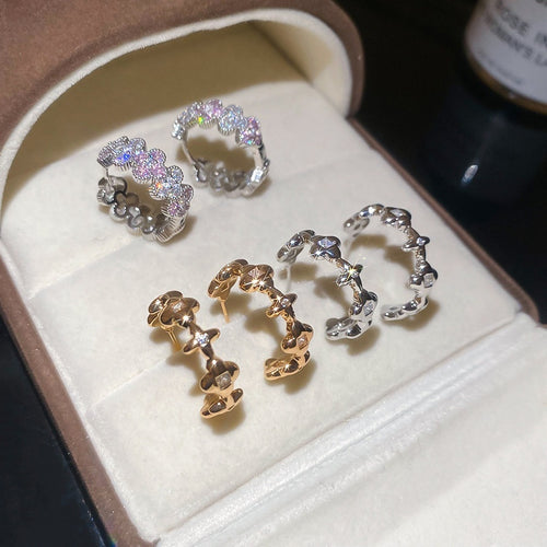 Copper Zircon Flower Star C-Shaped Stud Earrings For Women, Minimalist Light Luxury Style