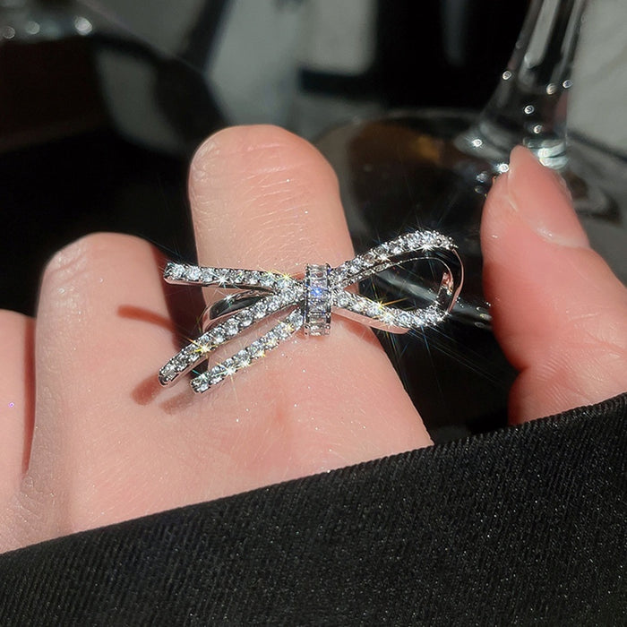 Korean Style Copper Zircon Bow Open Ring Elegant Minimalist Light Luxury Index Finger Jewelry