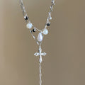 Light Luxury Faux Pearl Rhinestone Cross Necklace, Geometric Sweet Cool Clavicle Jewelry view 4