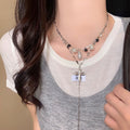 Light Luxury Faux Pearl Rhinestone Cross Necklace, Geometric Sweet Cool Clavicle Jewelry view 3