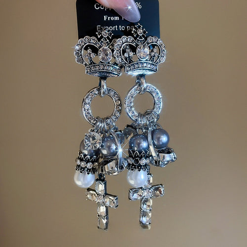 Vintage Court Style Crown Faux Pearl Rhinestone Stud Earrings With Silver Needle For Women