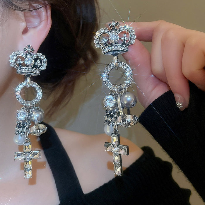 Vintage Court Style Crown Faux Pearl Rhinestone Stud Earrings With Silver Needle For Women