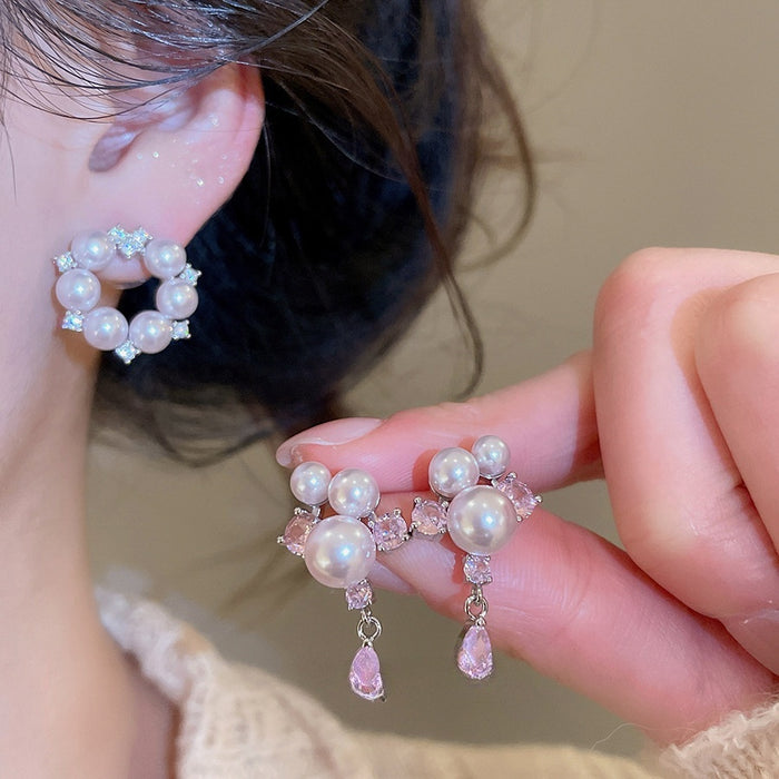 Elegant Faux Pearl Zircon Round Teardrop Stud Earrings For Women In Fashion OL Style