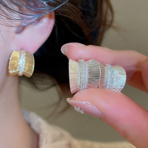 Light Luxury Metal Zircon C Shaped Wide Hoop Stud Earrings For Women Geometric Round Style