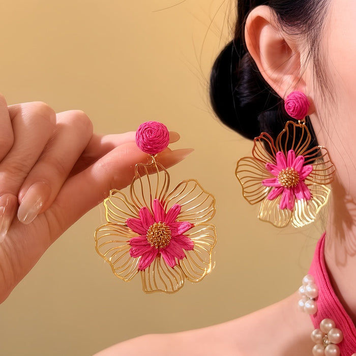 Metal Raffia Hollow Flower Stud Earrings Niche Light Luxury Floral Fashion Jewelry