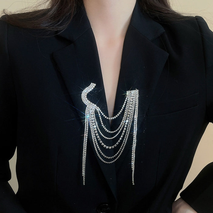 Copper Rhinestone Geometric Multi-Layer Tassel Brooch For Women, European Minimalist Luxury Pin