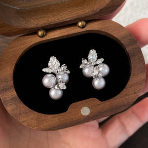 Light Luxury French Vintage Flower Stud Earrings With Zircon And Faux Pearl Floral Design