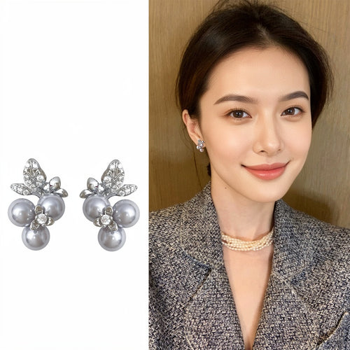 Light Luxury French Vintage Flower Stud Earrings With Zircon And Faux Pearl Floral Design