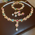 French Vintage Faux Pearl Rhinestone Jewelry Set With Earrings Bracelet Necklace Court Style view 1