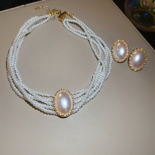 French Vintage Oval Faux Pearl Earrings And Necklace Jewelry Set For Women Elegant Light Luxury Style