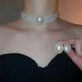 French Vintage Oval Faux Pearl Earrings And Necklace Jewelry Set For Women Elegant Light Luxury Style view 3