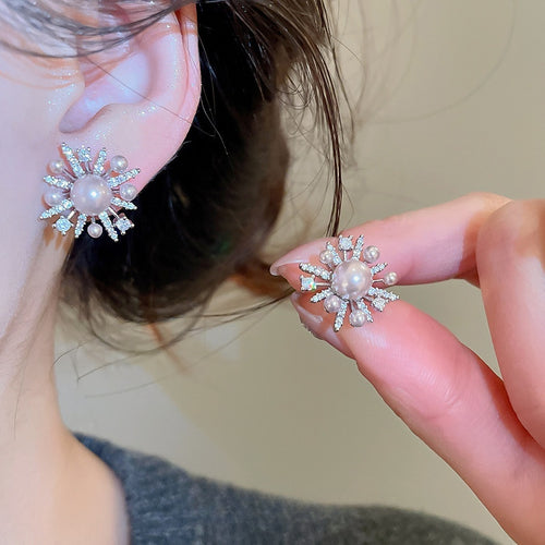 Light Luxury Floral Faux Pearl Zircon Firework Stud Earrings For Women