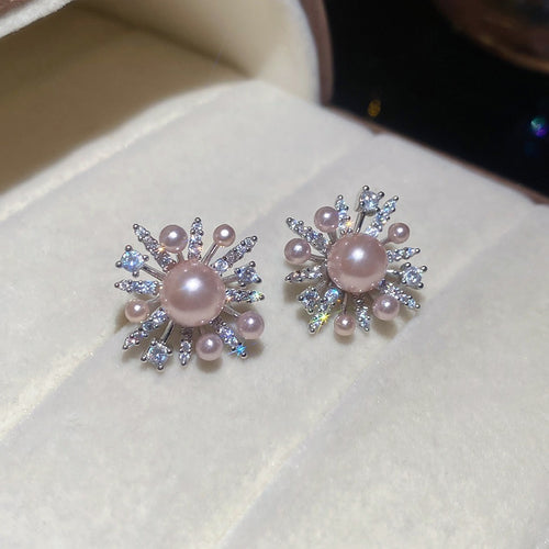 Light Luxury Floral Faux Pearl Zircon Firework Stud Earrings For Women