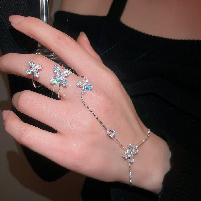 Light Luxury Copper Zircon Flower Ring Bracelet Bangle For Women With Round Floral Charm