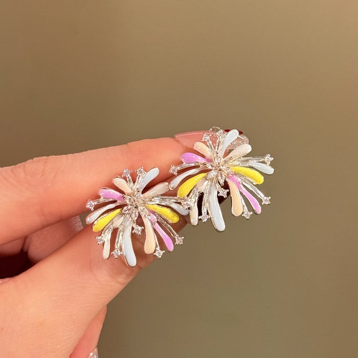 Light Luxury Copper Enamel Zircon Firework Flower Stud Earrings With Silver Pins For Women