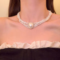 French Oval Faux Pearl Layered Necklace And Earrings Jewelry Set For Elegant OL Women view 4