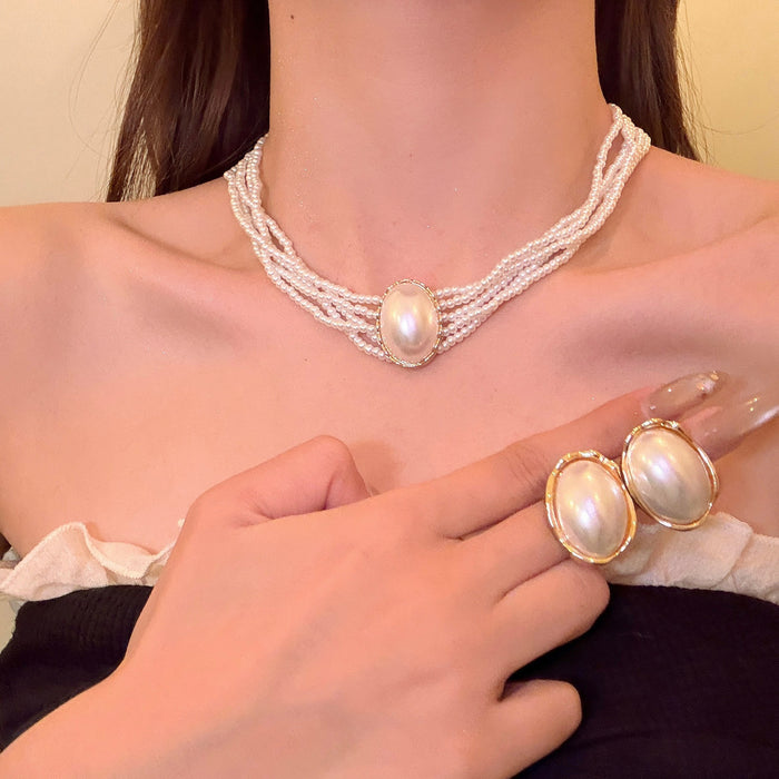 French Oval Faux Pearl Layered Necklace And Earrings Jewelry Set For Elegant OL Women