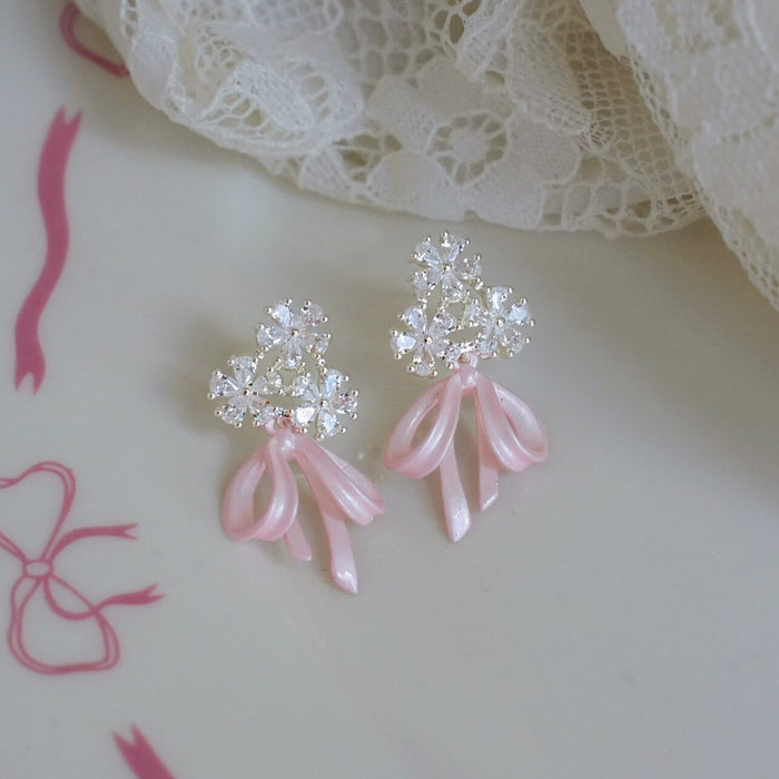 Light Luxury Copper Stud Earrings With Zircon Flower And Enamel Bow Design
