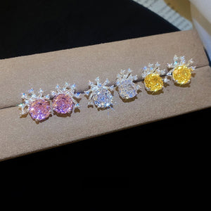 Copper Rose Flower Zircon Round Crown Stud Earrings Elegant Sweet Light Luxury Jewelry