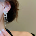Light Luxury Korean Geometric Zircon Pearl Tassel Iron Drop Earrings With Silver Posts view 3